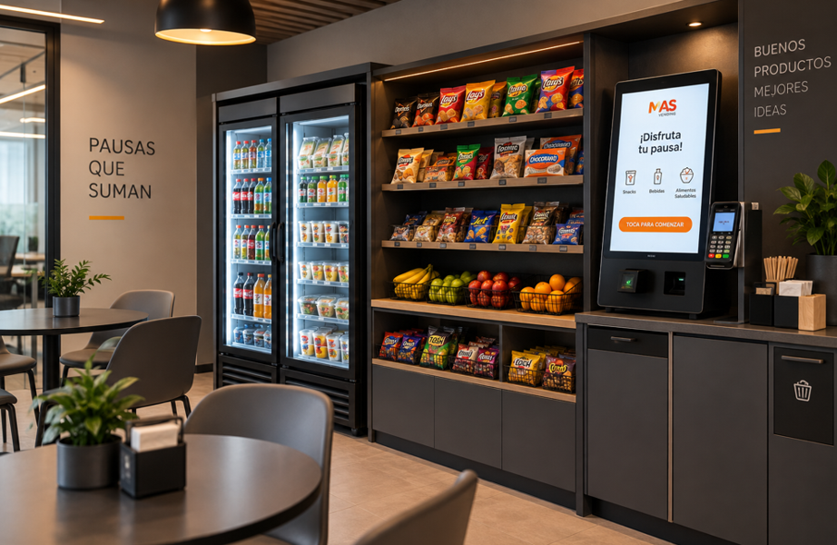 Micro Market corporativo de autoservicio con bebidas, snacks y punto de pago